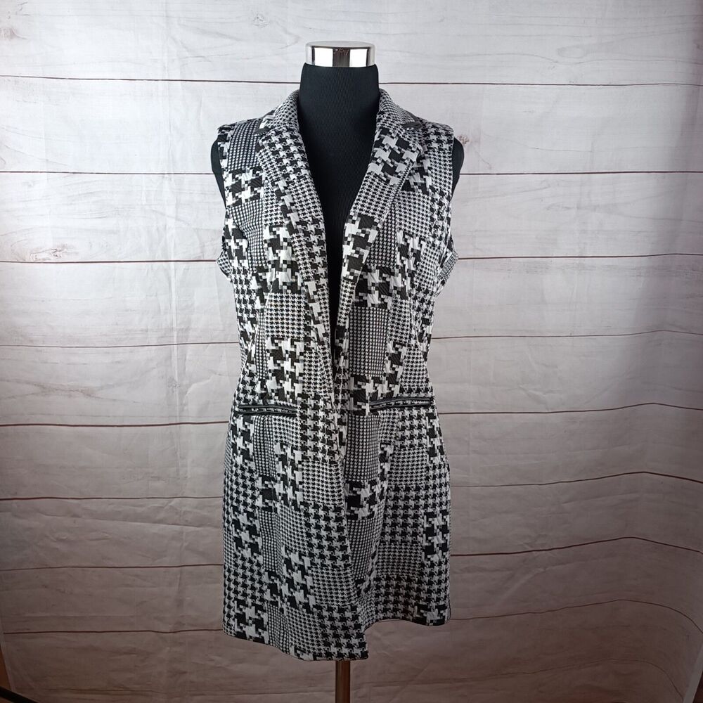Woman's open sleeveless blazer cardigan houndstooth black white collar Large - Picture 3 of 15